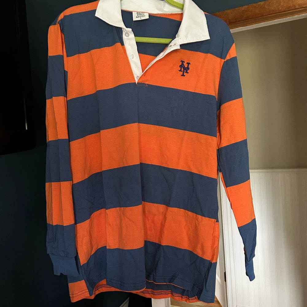NY Mets Long Sleeve Striped Polo Shirt Size L Fits Like a M